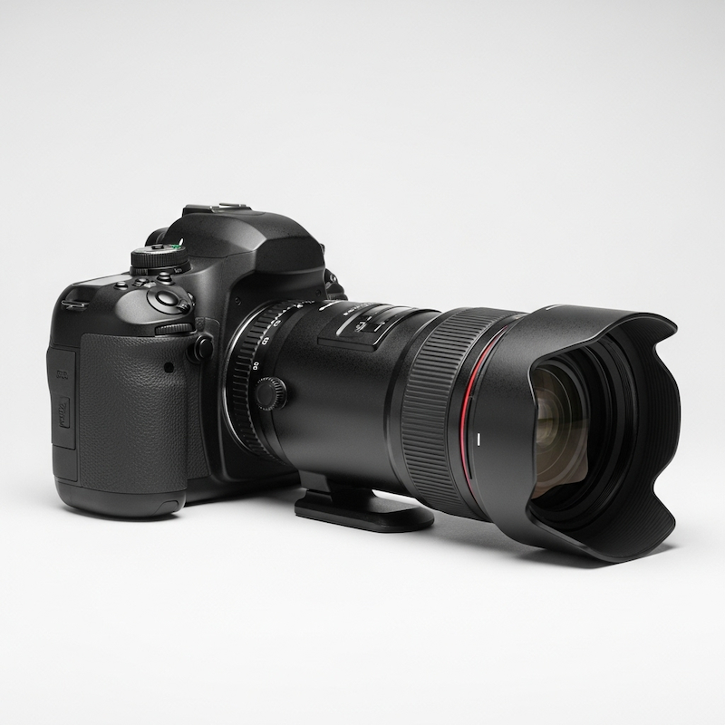 A digital SLR camera with a large lens attached, placed on a
             whilte background.