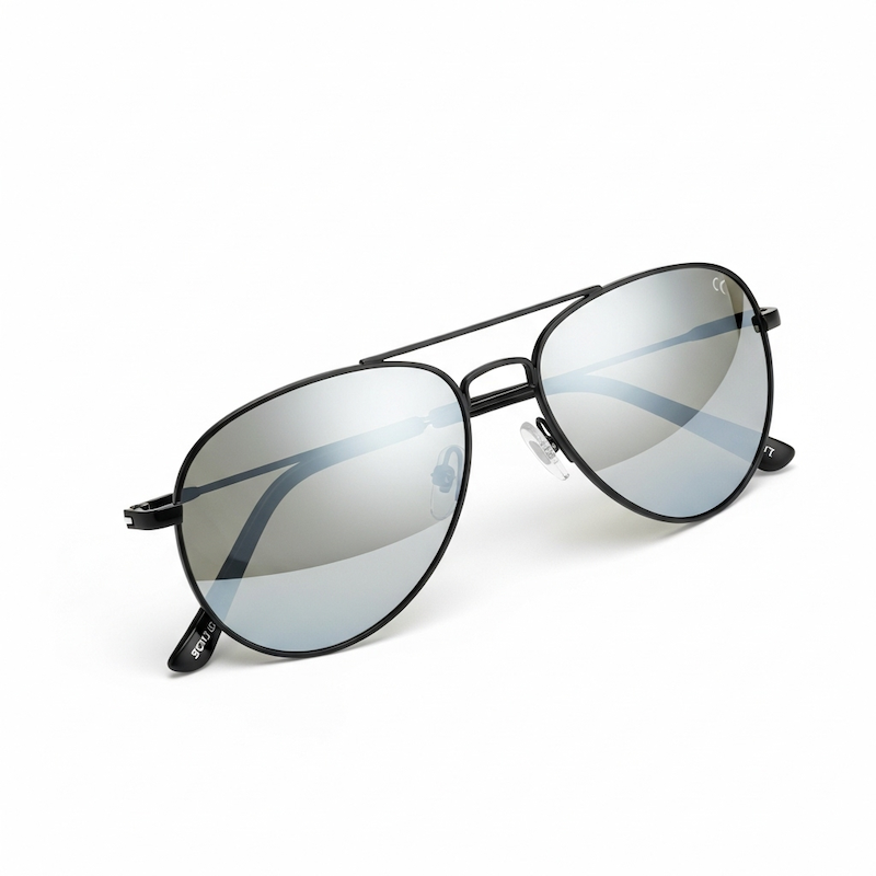 A pair of sunglasses placed on a white background.