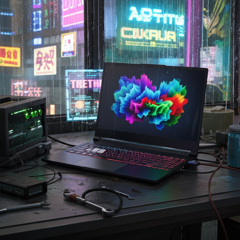 A black laptop with multicolor backlighting on the keyboard
             and a colorful test image on the screen, now placed on a workbench.
             Behind the workbench is a window, with multicolor advertisements
             displayed outside.