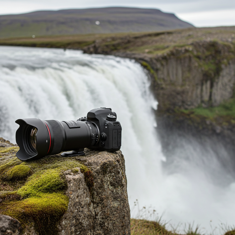 A digital SLR camera with a large lens attached, placed on a
             whilte background. The camera is now placed on a cliff edge, with a
             wide waterfall in the background.