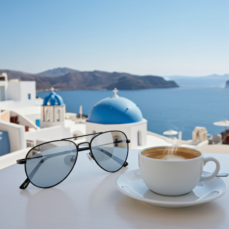 A pair of sunglasses, now placed on a table with a cup of
             coffee placed on a saucer in the foreground, and a scenic view of
             the top of a church and a body of water with hills in the
             background.