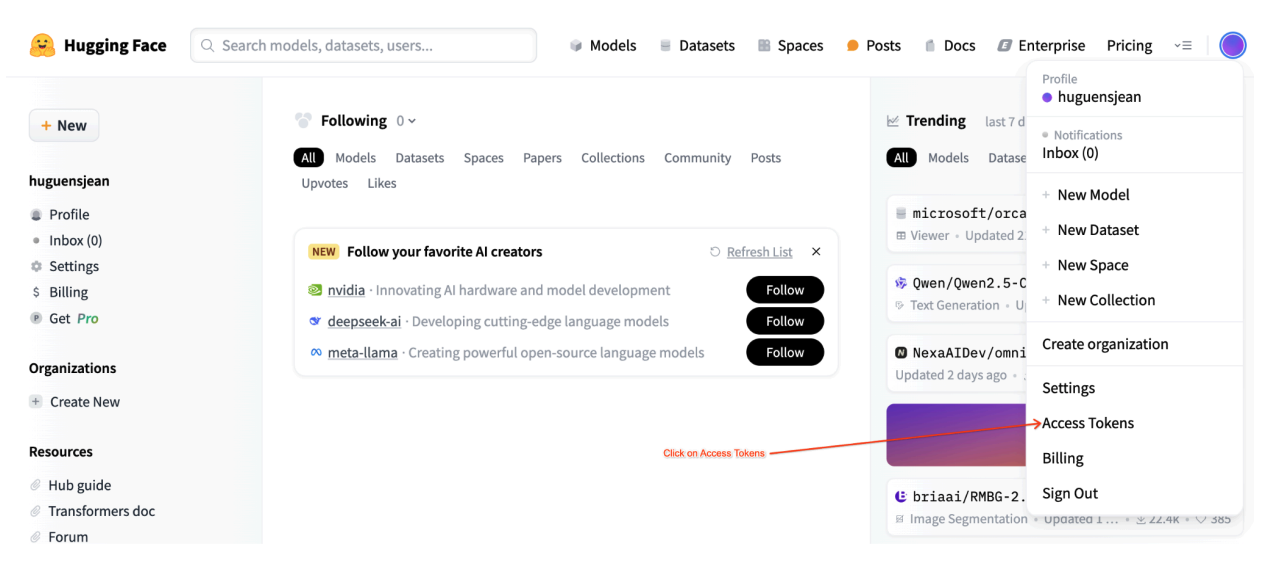 Paramètres du jeton d'accès Hugging Face