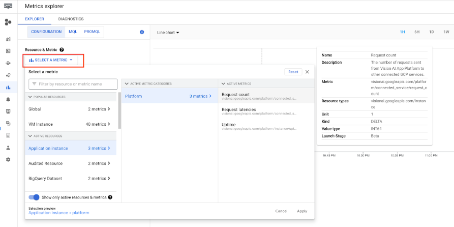 Metrics explorer select a metric option