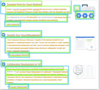 OCR システムがテキストを識別して抽出し、見出し、段落、アイコンをハイライト表示する様子をシミュレートしたスクリーンショット。