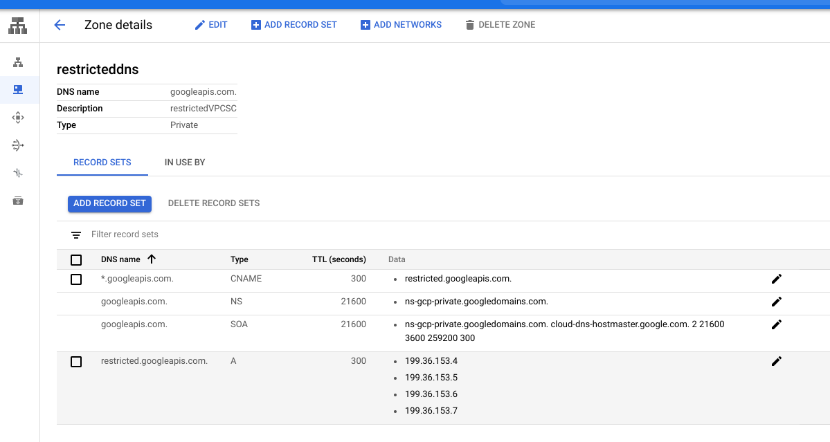 영역 세부정보에서 DNS 이름 *.googleapis.com은 데이터 필드에 restricted.googleapis.com을 가집니다.