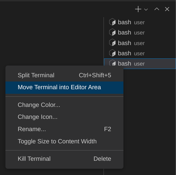 Liste des onglets du terminal